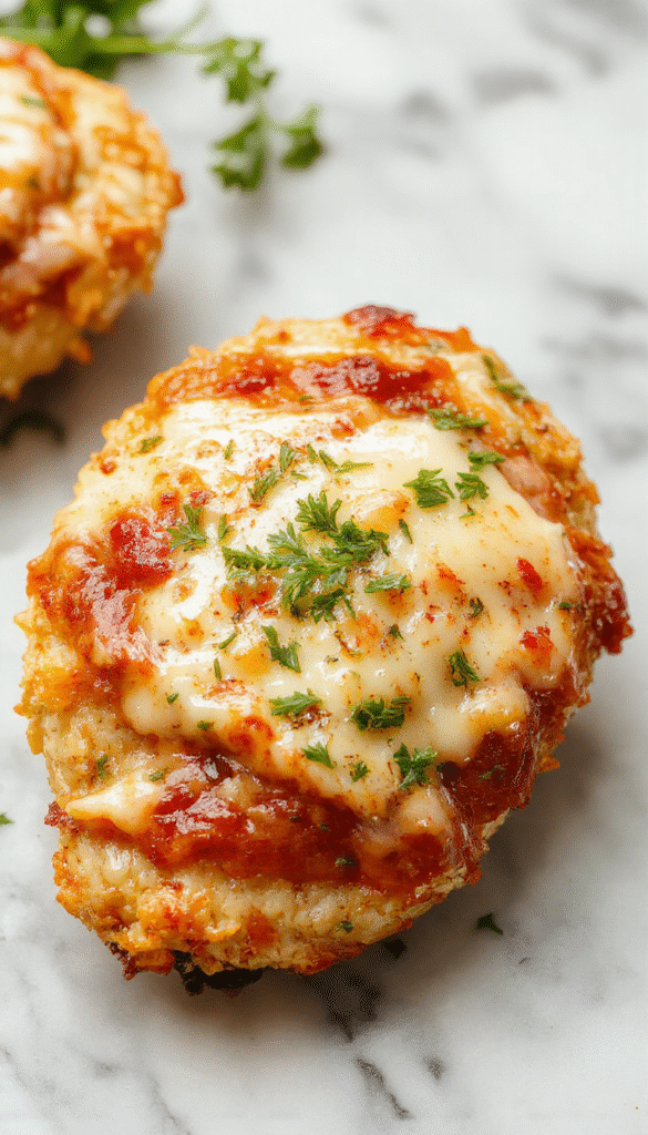 A golden-brown breaded chicken breast topped with melted marinara sauce and melted mozzarella cheese, garnished with fresh basil leaves on a white plate, with a rustic wooden table background and a side of spaghetti.