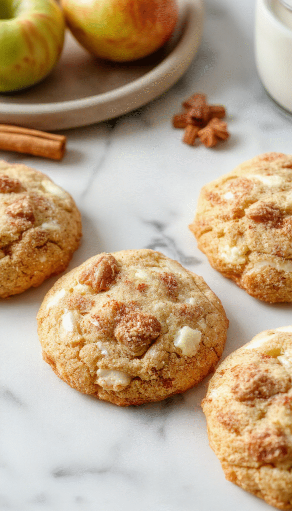 A close-up of warm golden-brown snickerdoodle cookies with visible cinnamon sugar coating, topped with small apple chunks and a sprinkled cinnamon dusting, arranged on a rustic wooden platter with a light, airy background and soft natural lighting emphasizing their chewy texture.