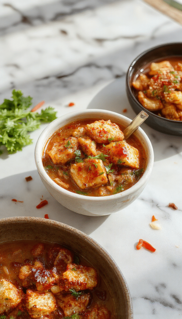 A vibrant plate showcasing chicken ramen stir fry with golden-brown crispy chicken pieces, colorful vegetables like bell peppers and green onions, glossy ramen noodles coated in savory sauce, garnished with sesame seeds and chopped herbs, styled on a rustic wooden table under warm natural light