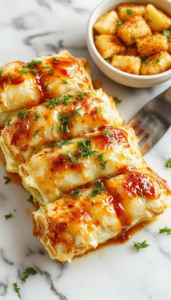 Colorful plated dish of cabbage rolls filled with seasoned meat and rice, topped with a cozy tomato sauce, garnished with fresh herbs, showcasing a rustic, inviting presentation with glossy textures and vibrant green cabbage leaves contrasted with hearty filling.