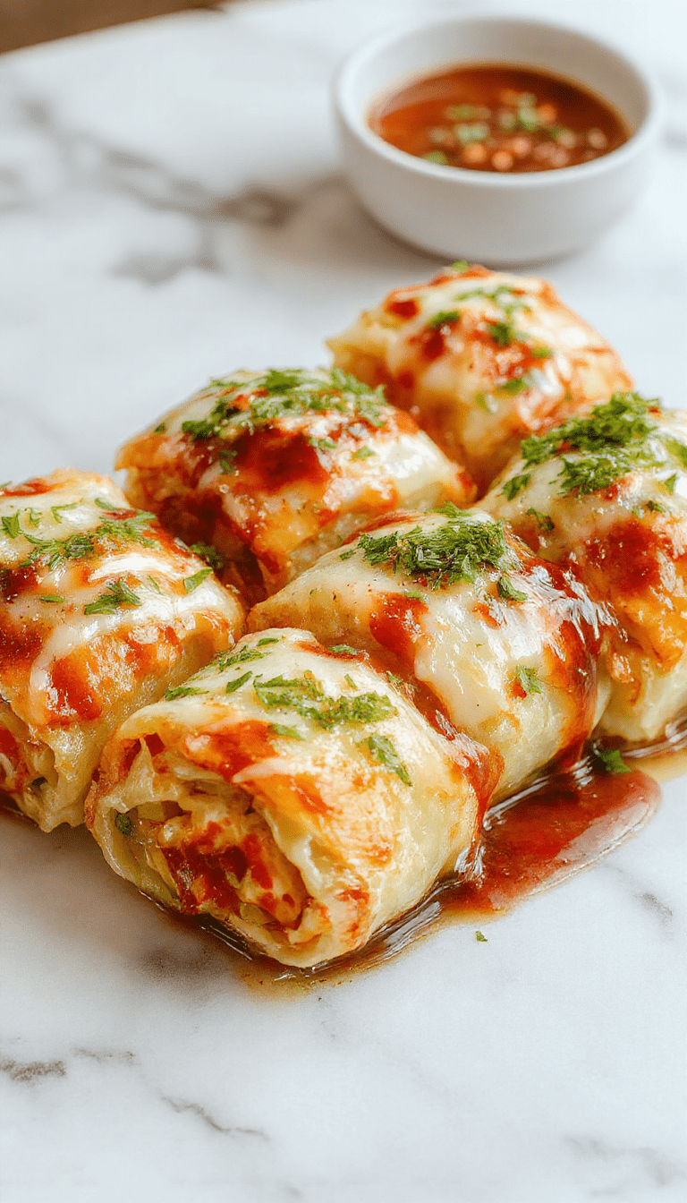A vibrant plate featuring neatly rolled cabbage rolls with golden-brown tops, garnished with fresh herbs, served alongside a side salad. The leaves are tender with a slightly crisp exterior, showcasing a colorful filling of rice and seasoned meat, all on a rustic wooden table.