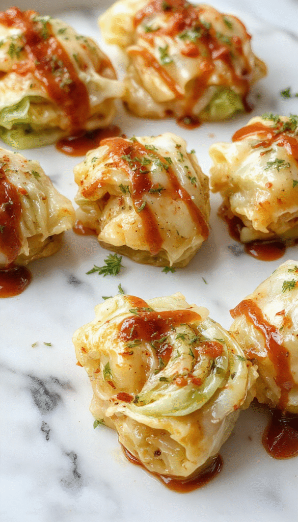 A vibrant plate featuring neatly rolled cabbage leaves filled with savory meat and rice, topped with a rich tomato sauce, garnished with fresh herbs. The dish is styled on a rustic wooden table with a side of fresh cabbage and a spoonful of sauce, capturing a warm, inviting atmosphere.