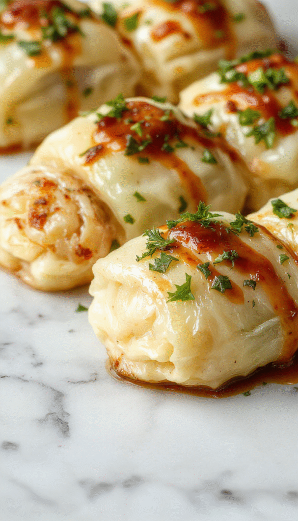 Colorful plate featuring rolled cabbage leaves stuffed with seasoned rice and ground meat, topped with melted cheese and garnished with fresh herbs, arranged neatly on a rustic wooden table with vibrant vegetables in the background.