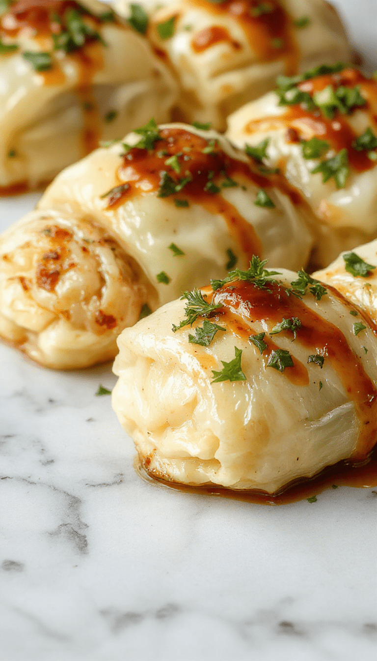 Colorful plate featuring rolled cabbage leaves stuffed with seasoned rice and ground meat, topped with melted cheese and garnished with fresh herbs, arranged neatly on a rustic wooden table with vibrant vegetables in the background.