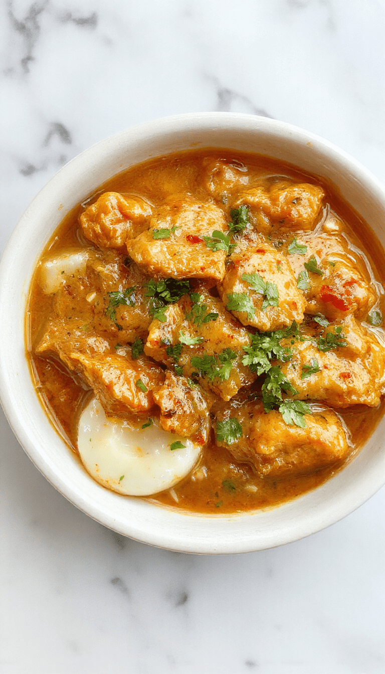 A vibrant plate of homemade butter chicken featuring tender, orange-colored chicken pieces coated in a rich, creamy tomato sauce garnished with fresh cilantro, served on a white ceramic plate with a side of steamed rice, styled simply with a rustic background and natural lighting accentuating the creamy texture and vibrant colors.