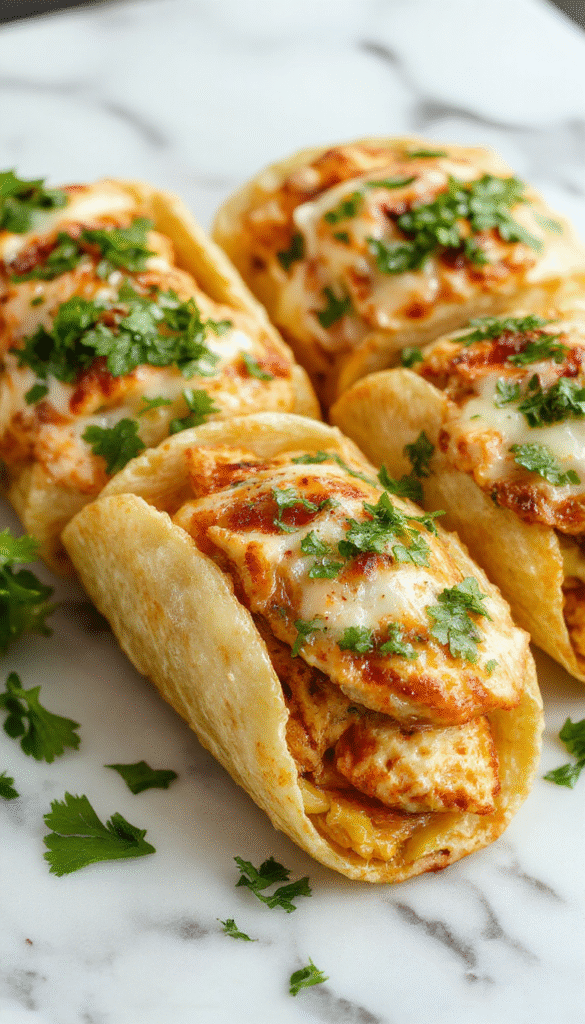 Colorful mini baked chicken tacos with golden crispy shells filled with tender seasoned chicken, fresh lettuce, shredded cheese, and salsa on a rustic plate, styled with vibrant ingredients and a bright kitchen background.