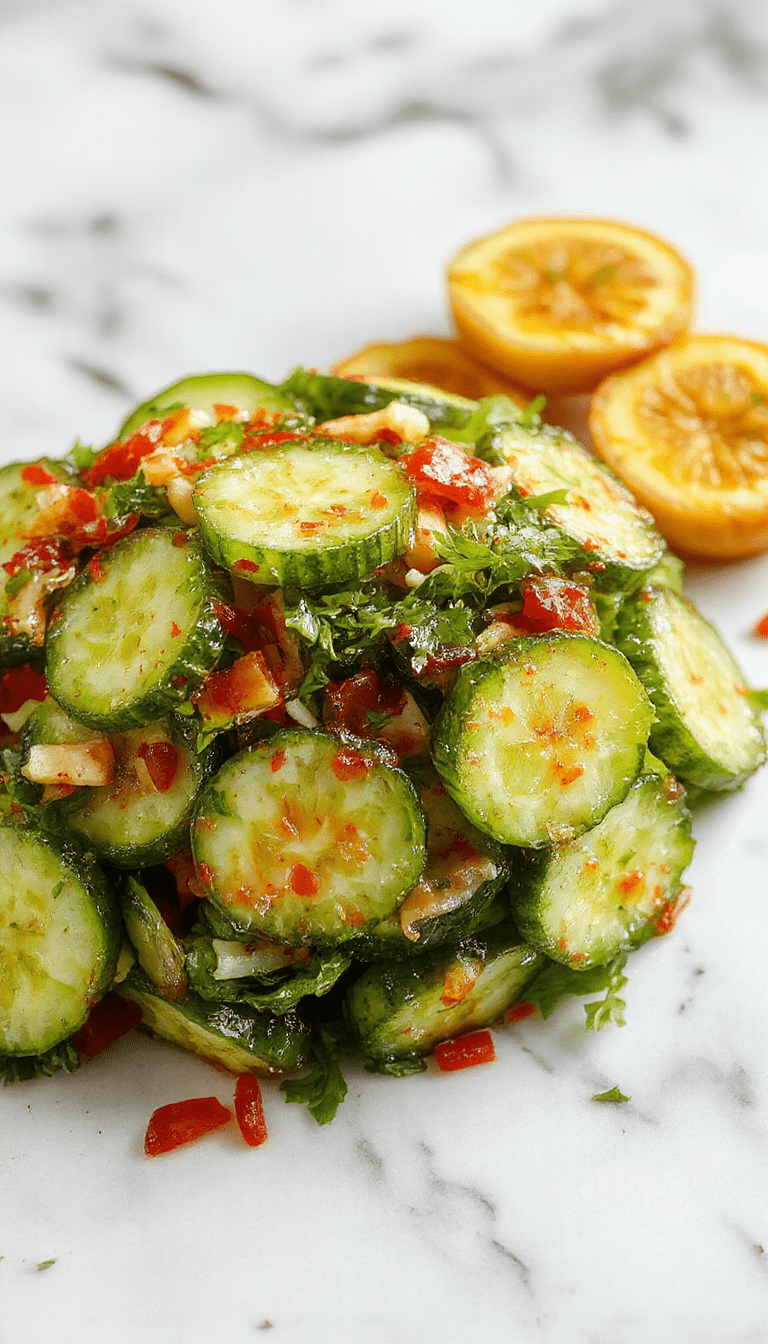 A vibrant plate of Asian cucumber salad featuring thinly sliced crisp cucumbers drizzled with a glossy, tangy sesame-soy dressing. The salad is garnished with chopped green onions and sesame seeds, displayed on a white ceramic plate with a soft-focus background of a wooden table and fresh herbs, emphasizing freshness and colorful textures.