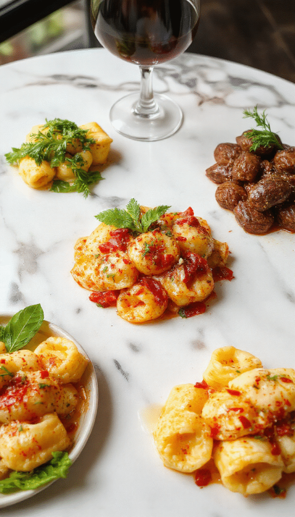 A close-up of a white plate filled with golden-brown cheese-filled tortellini topped with fresh basil and grated Parmesan cheese, with a creamy sauce drizzled over the pasta, set against a rustic wooden table with a fork resting nearby, vibrant green herbs adding color contrast, styled simply for an inviting dinner presentation.