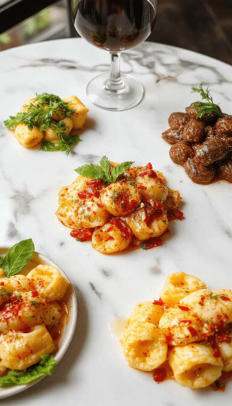 A close-up of a white plate filled with golden-brown cheese-filled tortellini topped with fresh basil and grated Parmesan cheese, with a creamy sauce drizzled over the pasta, set against a rustic wooden table with a fork resting nearby, vibrant green herbs adding color contrast, styled simply for an inviting dinner presentation.