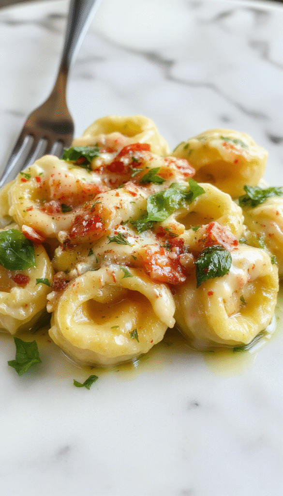 A vibrant plate of marry me tortellini featuring golden-brown tortellini shaped pasta generously coated in a lush green basil cream sauce. The dish is garnished with fresh basil leaves and grated Parmesan, arranged elegantly on a pristine white plate set against a rustic wooden background, exuding a romantic and inviting atmosphere.