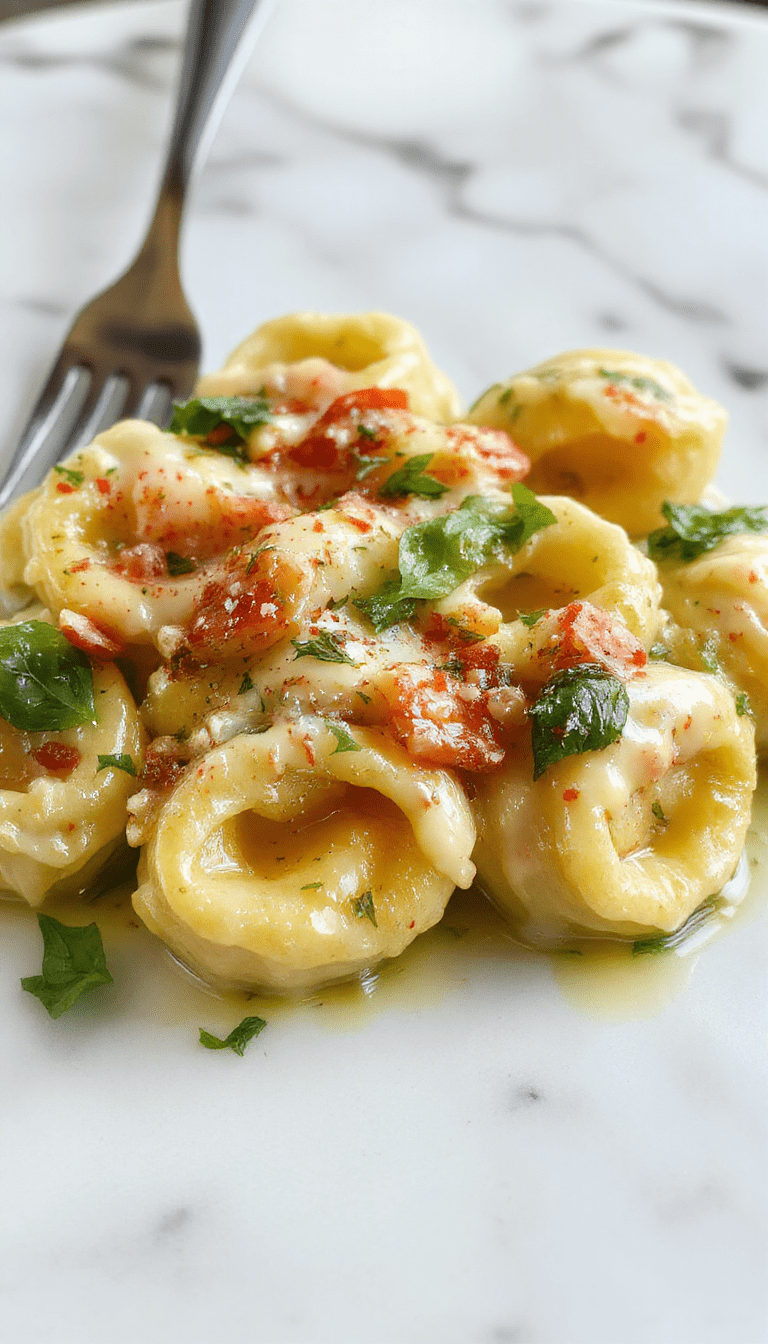 A vibrant plate of marry me tortellini featuring golden-brown tortellini shaped pasta generously coated in a lush green basil cream sauce. The dish is garnished with fresh basil leaves and grated Parmesan, arranged elegantly on a pristine white plate set against a rustic wooden background, exuding a romantic and inviting atmosphere.