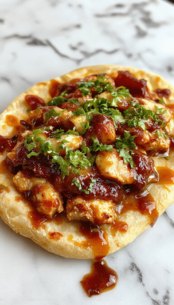 Colorful BBQ Chicken Flatbread topped with melted cheese, shredded chicken, grilled red onions, cilantro, and drizzled with barbecue sauce, presented on a rustic wooden board with fresh herbs around