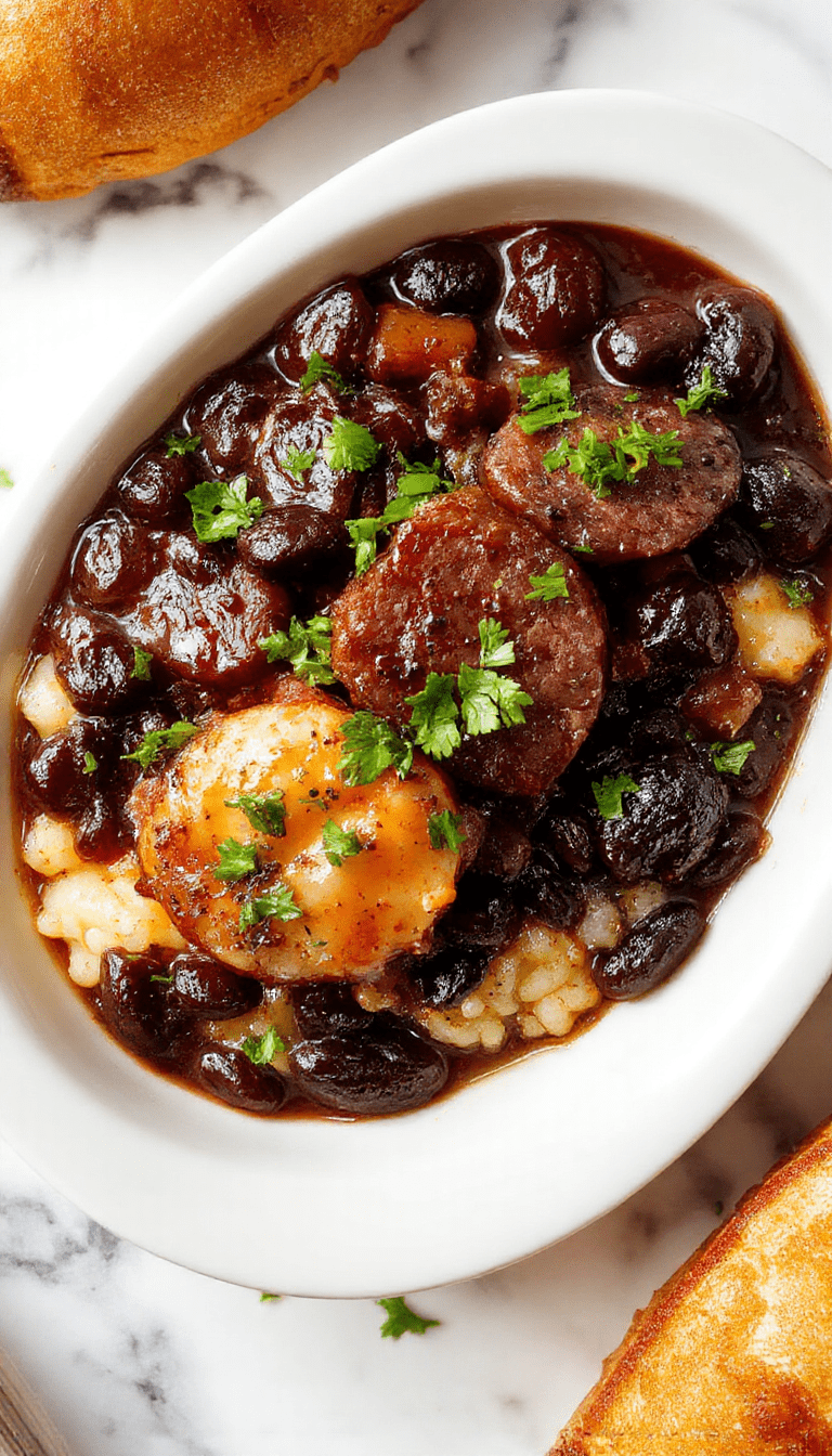 A colorful plate featuring fluffy white rice topped with seasoned black beans and sliced savory sausage, garnished with fresh herbs and a side of vibrant vegetables, styled in a rustic bowl with a spoon and garnished with lime wedges.