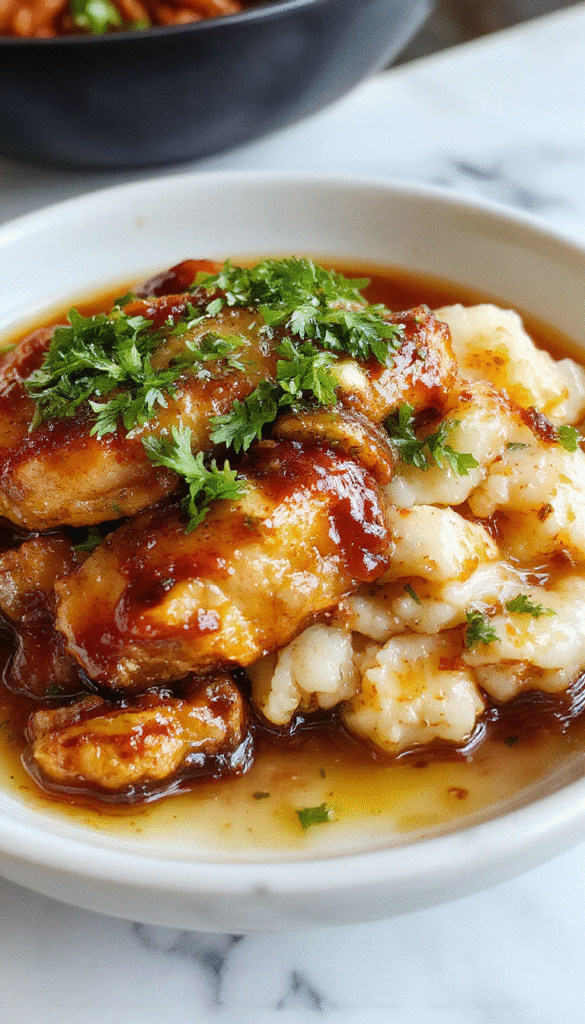 A close-up of caramelized soy chicken pieces glazed with a rich, glossy sauce, served in a white bowl alongside fluffy white rice, garnished with sliced garlic, fresh ginger, and green onions. The dish is vibrant with golden-brown chicken, aromatic herbs, and a clear, flavorful broth setting a warm, inviting atmosphere.