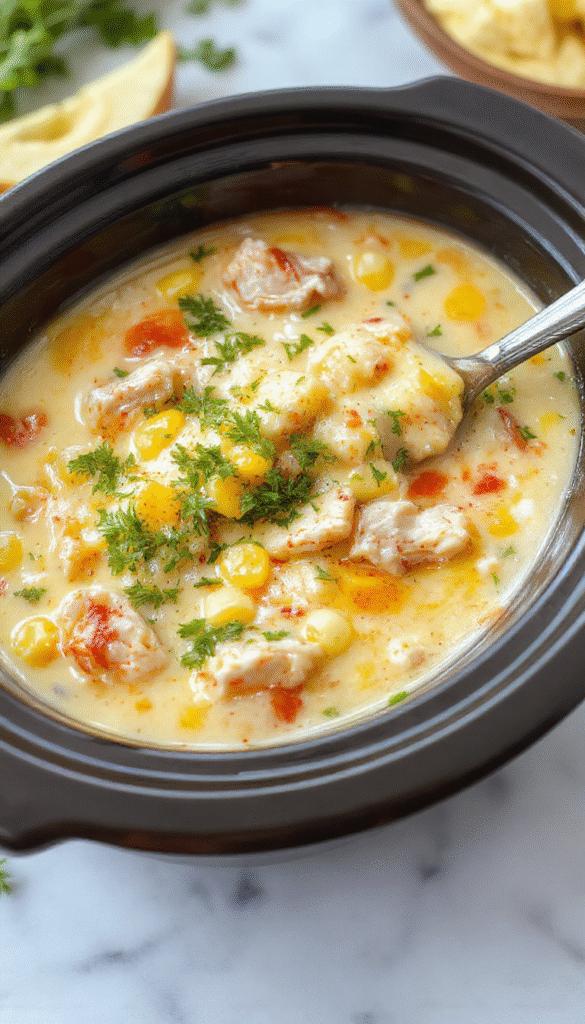 A steaming bowl of creamy chicken corn chowder with golden corn kernels, tender shredded chicken, and a sprinkle of fresh herbs on top, served in a rustic white bowl with a drizzle of cream around the edges, set on a wooden table with a background of fresh ingredients and a cozy kitchen ambiance.