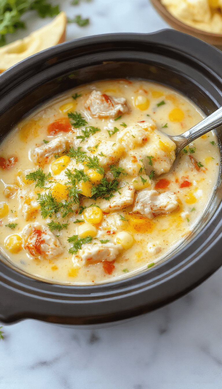 A steaming bowl of creamy chicken corn chowder with golden corn kernels, tender shredded chicken, and a sprinkle of fresh herbs on top, served in a rustic white bowl with a drizzle of cream around the edges, set on a wooden table with a background of fresh ingredients and a cozy kitchen ambiance.