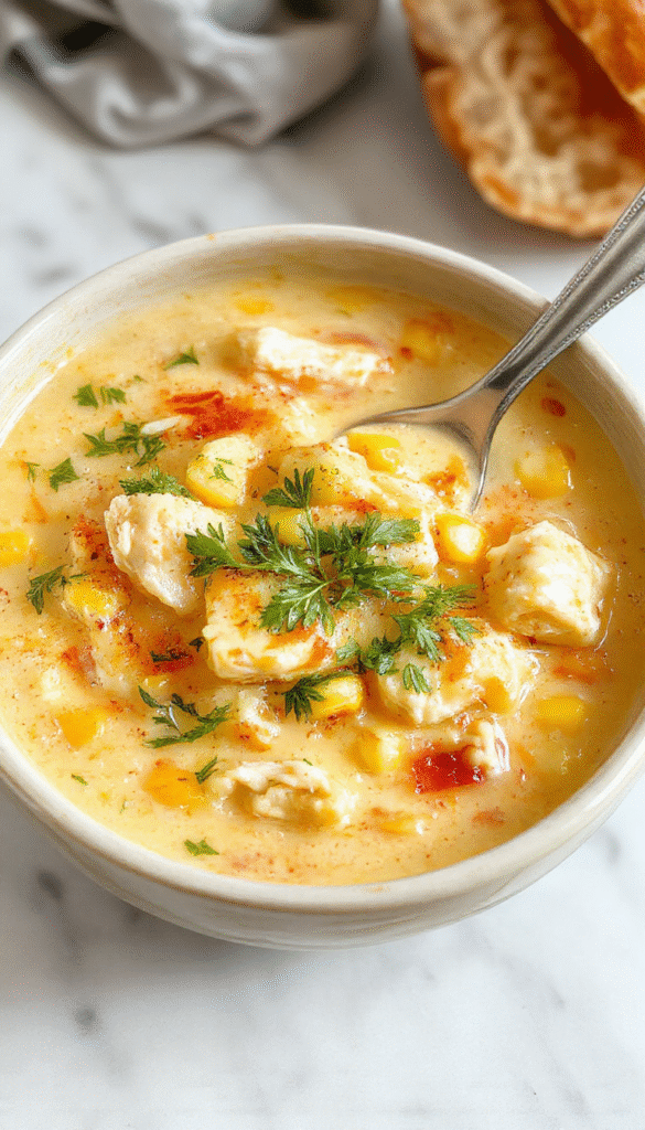 A vibrant bowl of creamy chicken corn chowder garnished with chopped fresh herbs, served in a rustic white bowl on a wooden table. The chowder has a thick, smooth texture with chunks of tender chicken, sweet yellow corn, and bits of herbs. A spoon rests nearby, and fresh ingredients like corn kernels and herbs are visible in the background, highlighting the hearty and inviting dish.