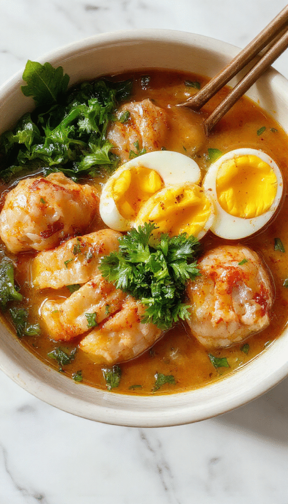 A vibrant ramen bowl featuring colorful ingredients: plush dumplings, soft-boiled eggs with slightly runny yolks, fresh green leafy vegetables, and a steaming savory broth. The bowl is perfectly styled with garnishes like sliced scallions and sesame seeds, highlighting the textures and rich colors of the dish against a rustic wooden background.