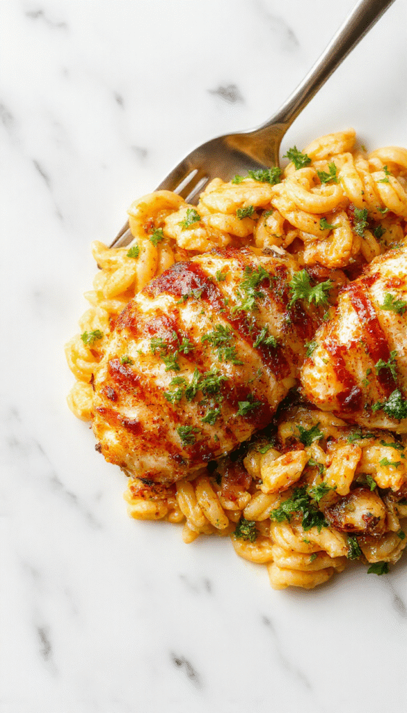 Colorful plated Monterey Chicken One Pan Orzo featuring golden-brown chicken topped with melted cheese, vibrant cherry tomatoes, and fresh herbs, all atop a bed of creamy, lightly browned orzo pasta with green spinach accents, styled on a rustic wooden table with a fresh herbs garnish.