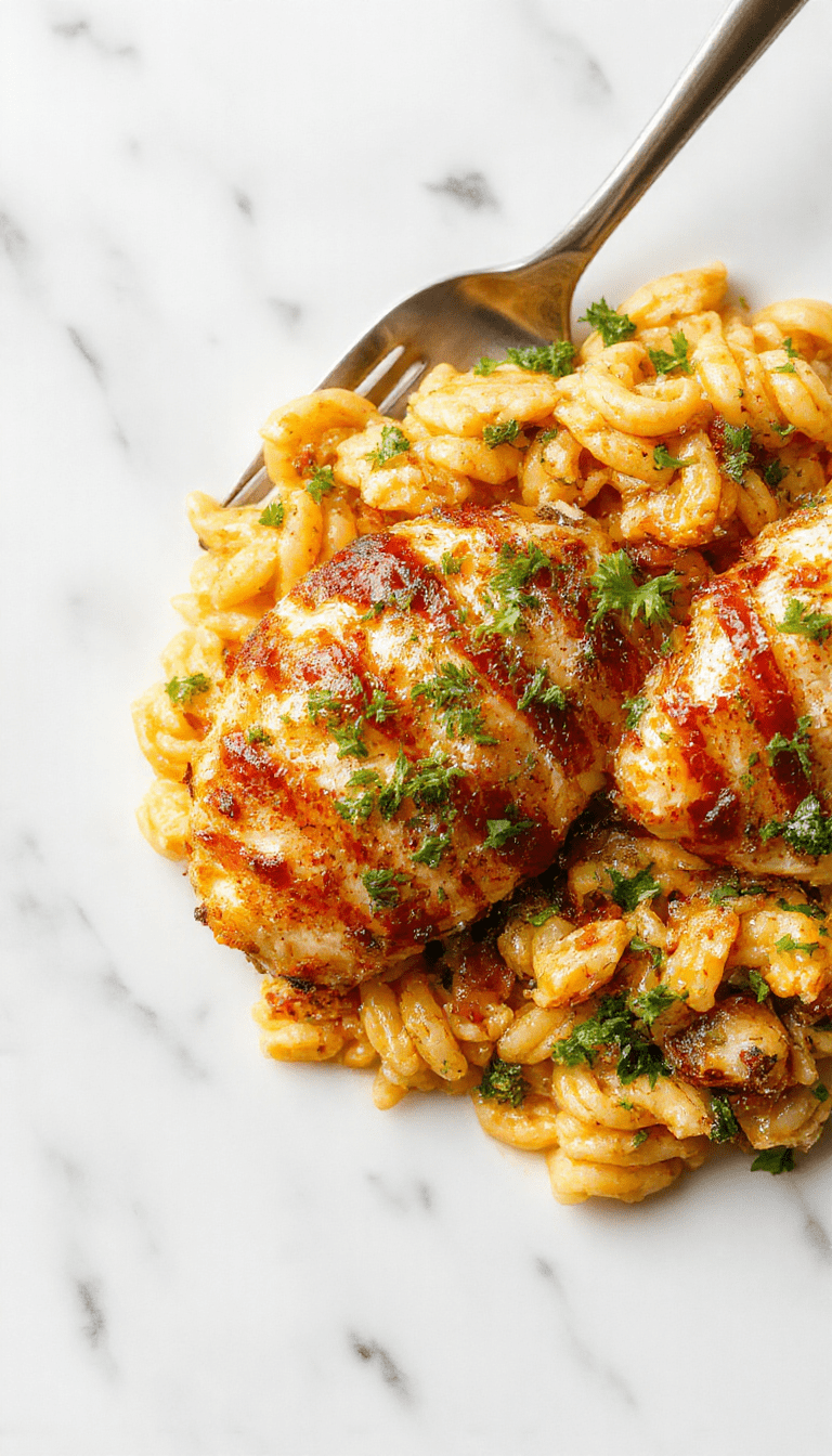 Colorful plated Monterey Chicken One Pan Orzo featuring golden-brown chicken topped with melted cheese, vibrant cherry tomatoes, and fresh herbs, all atop a bed of creamy, lightly browned orzo pasta with green spinach accents, styled on a rustic wooden table with a fresh herbs garnish.