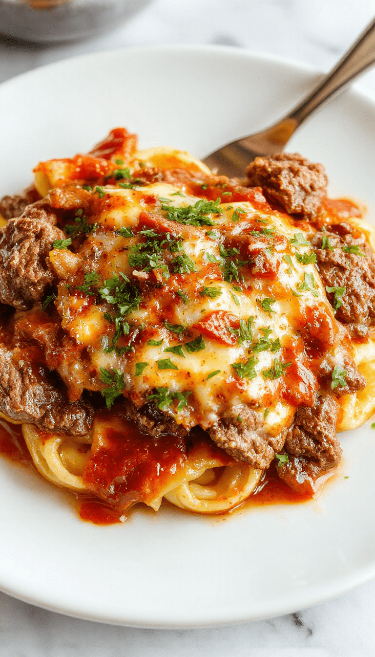 A vibrant plate of Philly cheese steak pasta featuring tender sliced steak, melted cheese, and al dente pasta topped with fresh herbs, served on a rustic wooden table with colorful garnishes.
