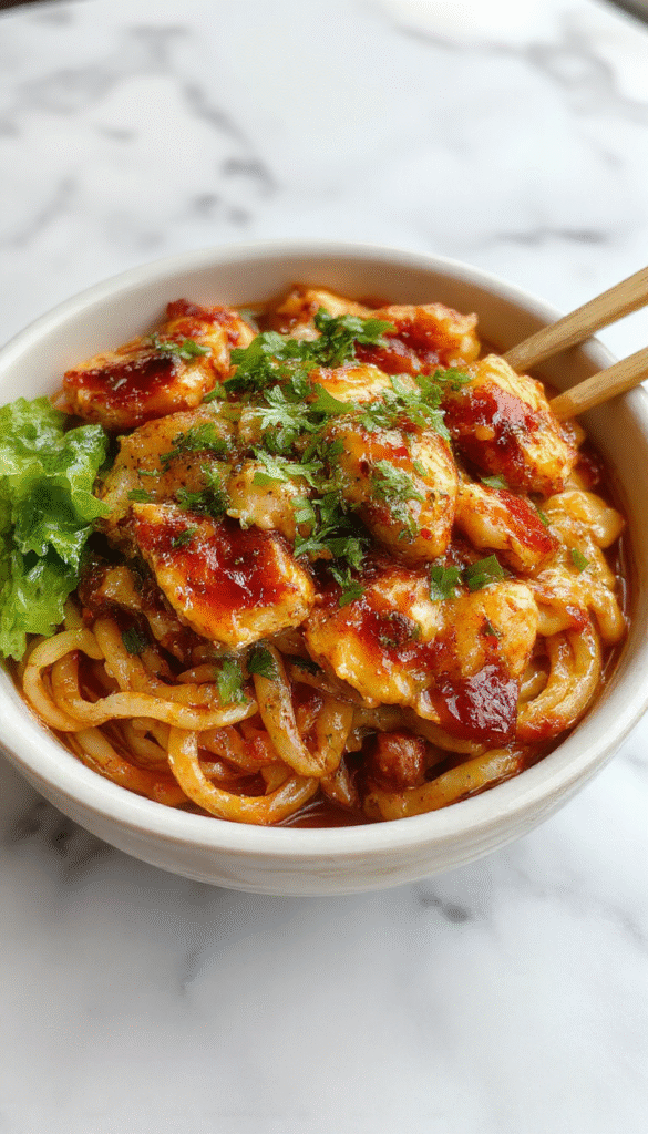 A vibrant plate featuring glossy garlic chicken slices atop perfectly cooked stir-fried noodles, garnished with chopped green onions and sesame seeds, with a rich savory sauce drizzling down the sides, set against a rustic wooden table with fresh ingredients scattered nearby.