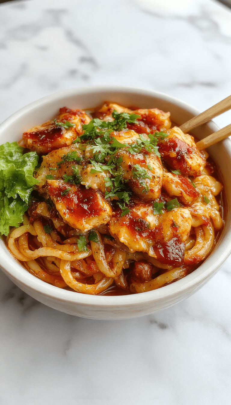 A vibrant plate featuring glossy garlic chicken slices atop perfectly cooked stir-fried noodles, garnished with chopped green onions and sesame seeds, with a rich savory sauce drizzling down the sides, set against a rustic wooden table with fresh ingredients scattered nearby.