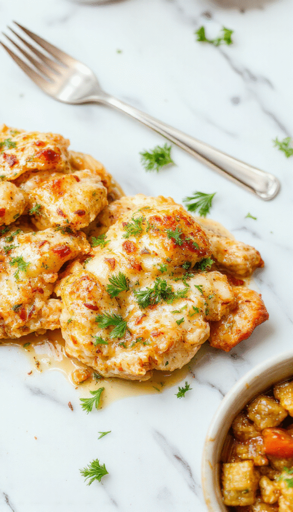 A vibrant and inviting chicken casserole served in a rustic baking dish, topped with melted cheese, garnished with fresh herbs, showcasing tender shredded chicken, green vegetables, and a golden crust, styled on a wooden table with fresh ingredients nearby.