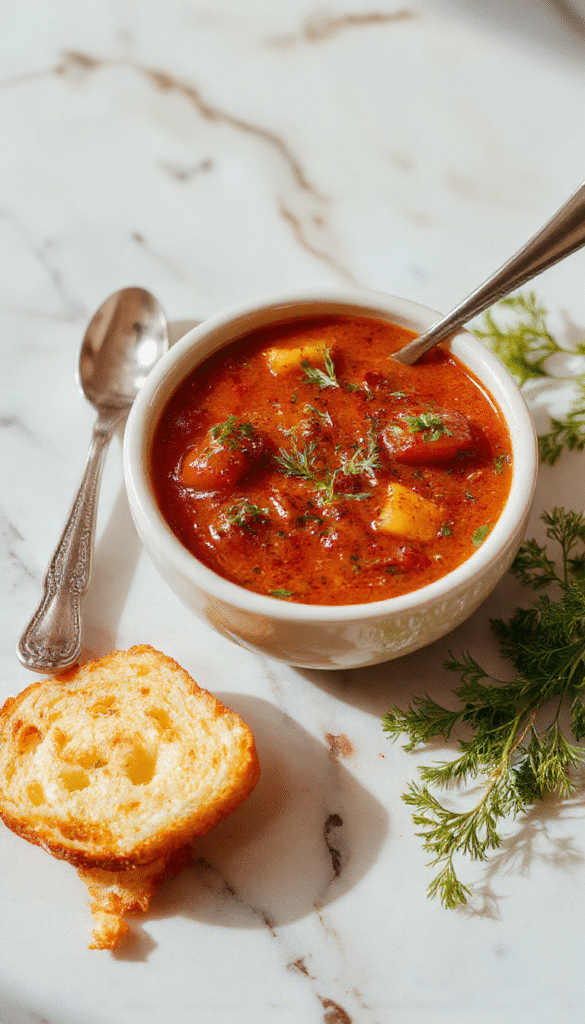 A vibrant bowl of roasted tomato soup garnished with fresh basil leaves, surrounded by toasted bread slices on a rustic wooden table, steam rising highlighting the warm, rich orange-red color and smooth texture of the soup, styled casually yet invitingly.