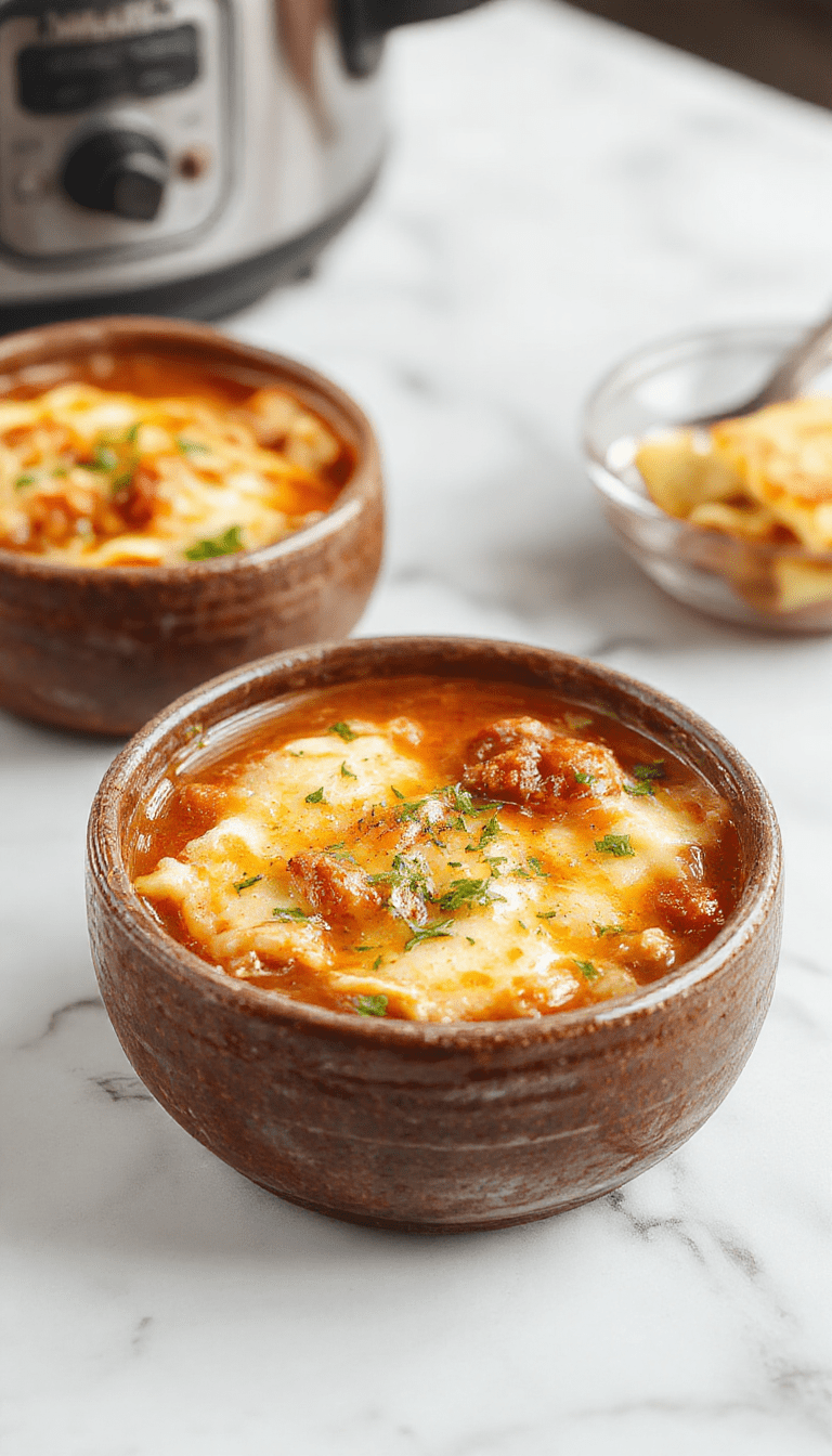 A vibrant bowl of Crockpot Lasagna Soup garnished with fresh basil, melted cheese, and layers of pasta, sitting on a rustic wooden table with a spoon and a sprig of basil. The soup features rich tomato broth, gooey melted cheese, and tender ground meat, creating a warm and inviting visual appeal with red, yellow, and green accents.
