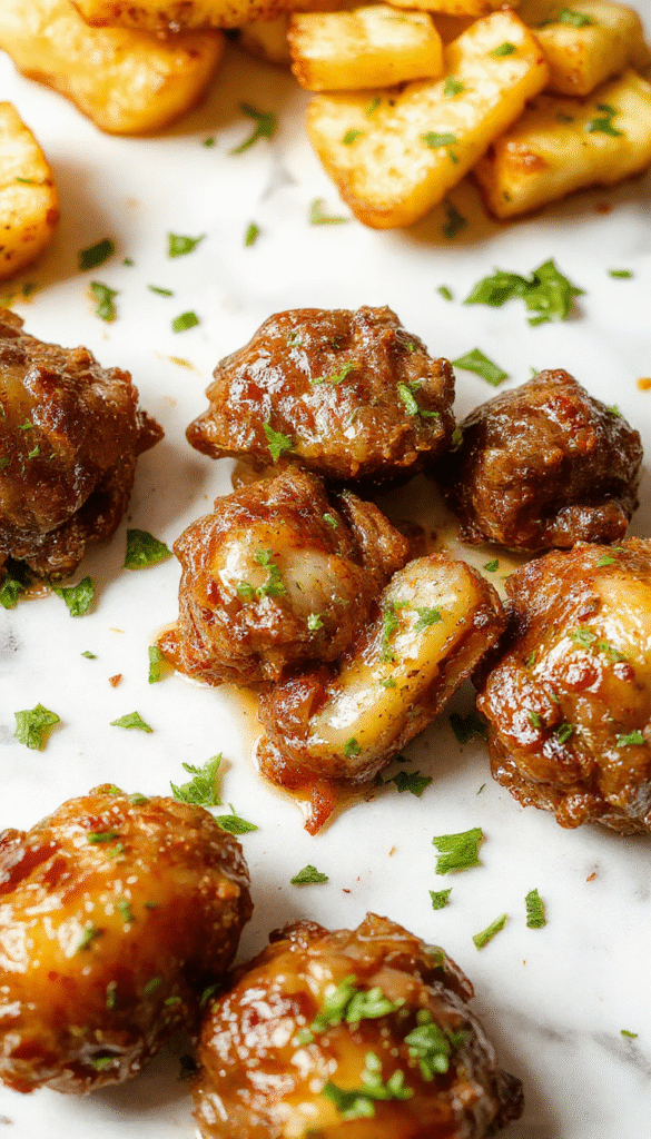 A plated serving of tender beef bites coated in garlic butter, surrounded by crispy roasted potatoes, garnished with fresh herbs, and styled on a rustic wooden table
