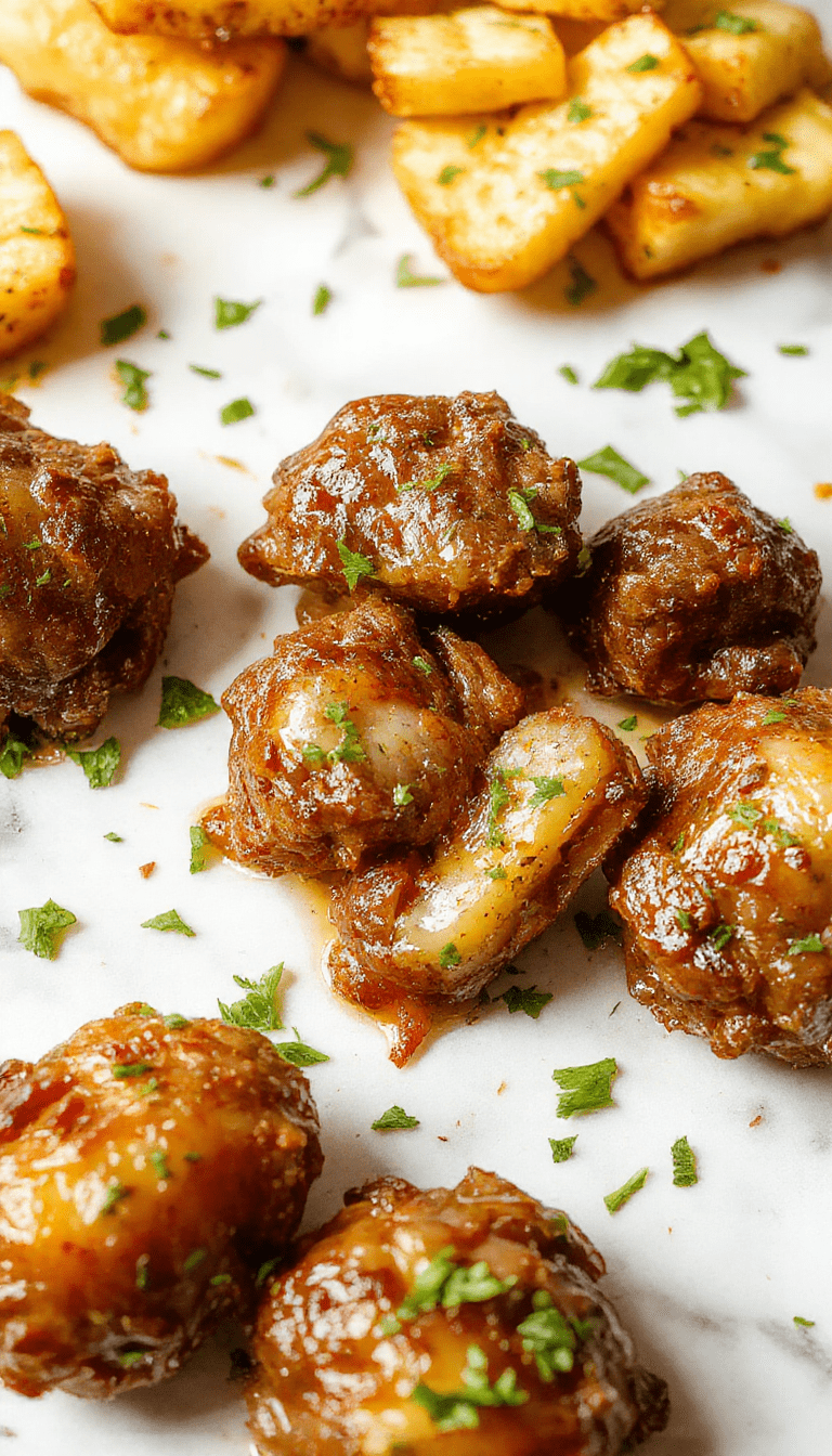 A plated serving of tender beef bites coated in garlic butter, surrounded by crispy roasted potatoes, garnished with fresh herbs, and styled on a rustic wooden table