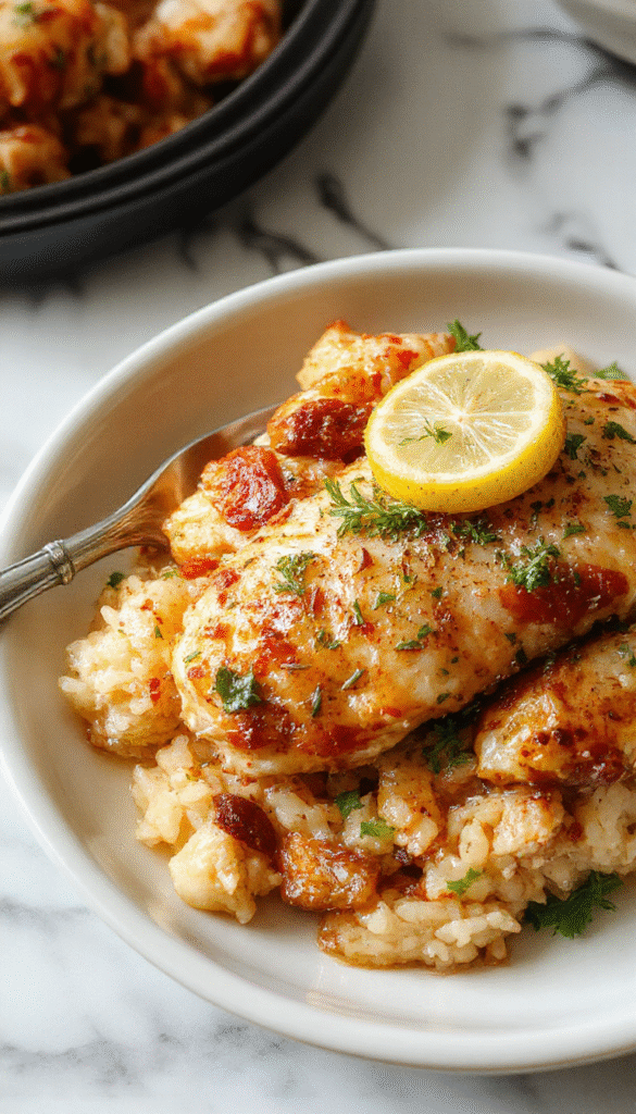 A close-up of tender slow-cooked chicken breast coated with fresh lemon herbs, served over fluffy rice garnished with lemon slices and herbs, vibrant colors, steam rising, styled on a rustic plate with fresh herbs.