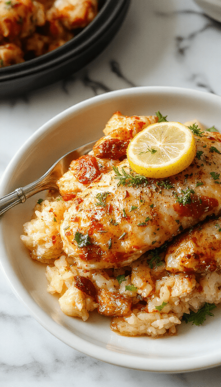 A close-up of tender slow-cooked chicken breast coated with fresh lemon herbs, served over fluffy rice garnished with lemon slices and herbs, vibrant colors, steam rising, styled on a rustic plate with fresh herbs.