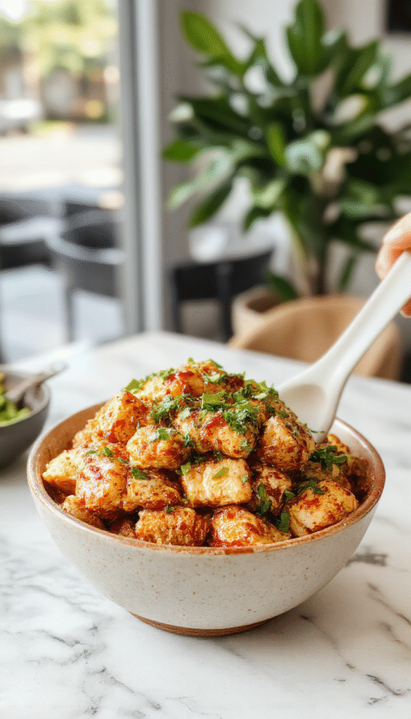 Colorful Bang Bang Chicken Bowl featuring crispy fried chicken pieces coated in a creamy spicy sauce, garnished with sliced green onions and sesame seeds, served in a white ceramic bowl on a rustic wooden surface with fresh vegetables and chopsticks nearby