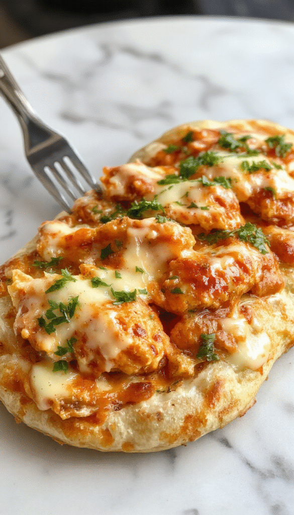 A vibrant flatbread topped with crispy buffalo chicken chunks, drizzled with creamy ranch dressing, sprinkled with chopped green onions and shredded cheese, showcasing a colorful and inviting dish on a rustic wooden platter.