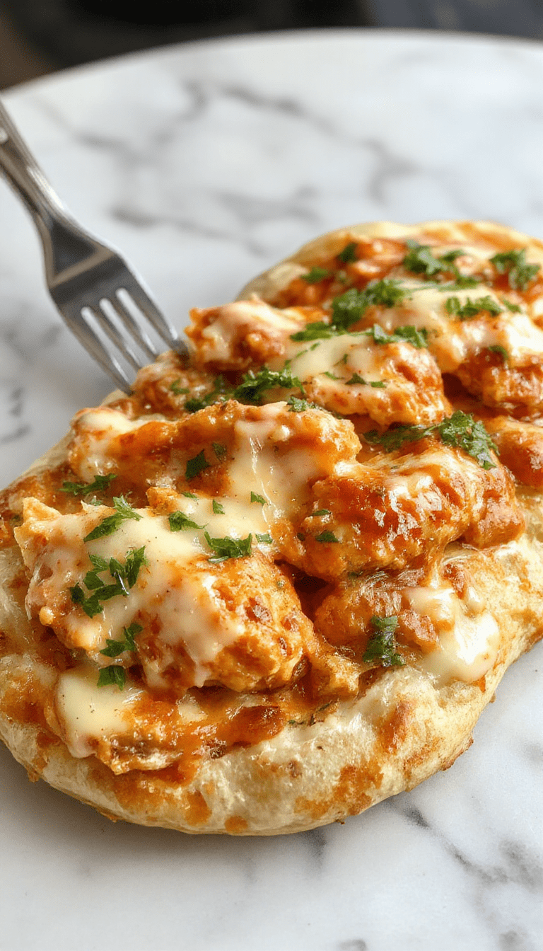 A vibrant flatbread topped with crispy buffalo chicken chunks, drizzled with creamy ranch dressing, sprinkled with chopped green onions and shredded cheese, showcasing a colorful and inviting dish on a rustic wooden platter.