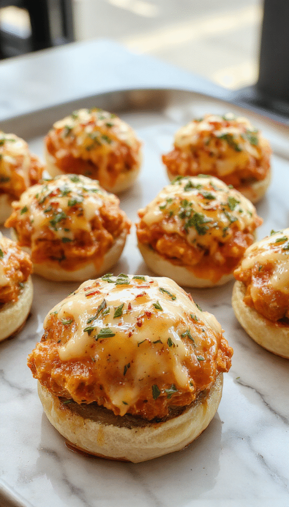 Colorful buffalo chicken sliders arranged on a rustic wooden platter, topped with vibrant celery sticks and creamy blue cheese dressing, with a golden toasted bun bun texture and tangy spicy sauce visible.
