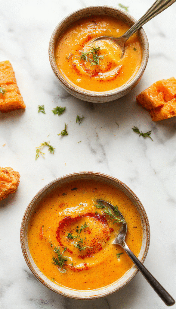 A vibrant bowl of spicy butternut squash and sweet potato soup garnished with fresh herbs, served in a rustic white bowl on a wooden table with a drizzle of cream and a sprinkle of chili flakes, surrounded by roasted squash and sweet potatoes, with a warm, inviting atmosphere and rich textures.