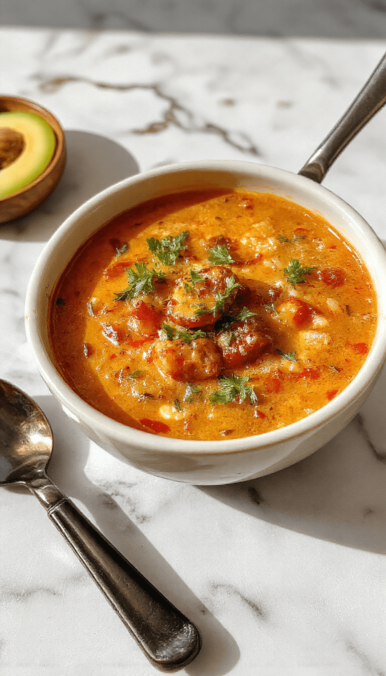 A vibrant bowl of Chile Relleno Soup featuring bright red and green chilies immersed in a rich, creamy broth topped with melted cheese and fresh cilantro, garnished with lime wedges and sliced jalapenos, styled on a rustic wooden table with warm lighting highlighting the textured ingredients