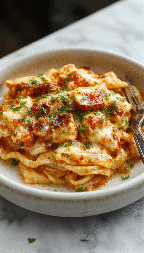 A vibrant plate of creamy Cajun chicken pasta featuring tender slices of chicken coated in a rich, spicy Cajun sauce, garnished with chopped green herbs and served on a white plate with a rustic wooden background, highlighting the creamy sauce's texture and the vibrant red pepper flakes.