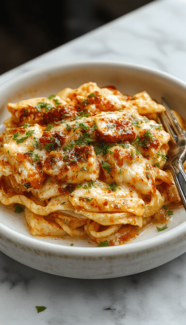 A vibrant plate of creamy Cajun chicken pasta featuring tender slices of chicken coated in a rich, spicy Cajun sauce, garnished with chopped green herbs and served on a white plate with a rustic wooden background, highlighting the creamy sauce's texture and the vibrant red pepper flakes.