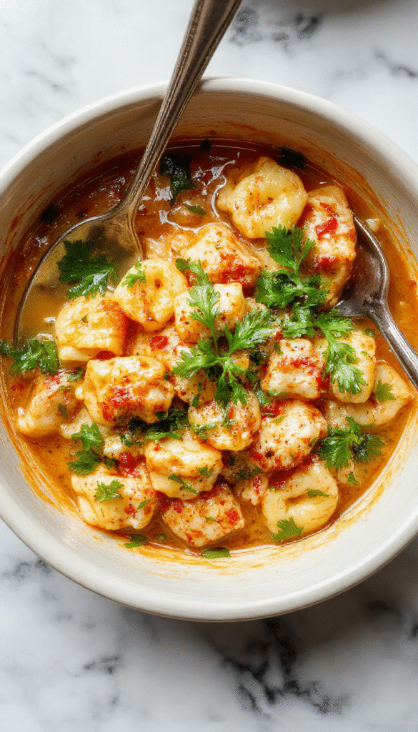 Colorful plate of spicy garlic butter chicken tortellini featuring golden-brown tortellini coated in a glistening garlic butter sauce, topped with chopped parsley and red pepper flakes, served on a white dish with a rustic wooden background highlighting textures and vibrant colors.