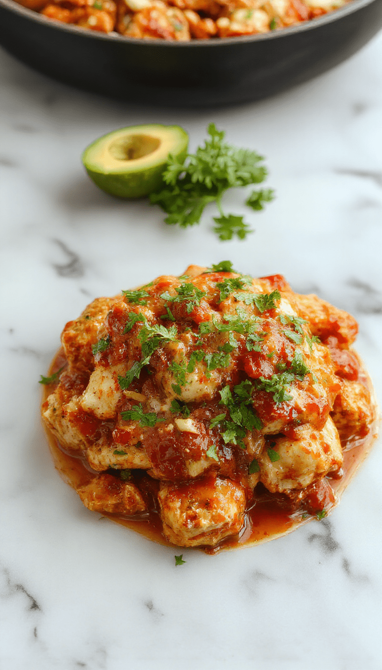 Colorful southwest chicken skillet plated in a rustic black skillet with melted cheese, vibrant red and green bell peppers, diced tomatoes, and seasoned chicken strips, garnished with chopped cilantro on a wooden table.