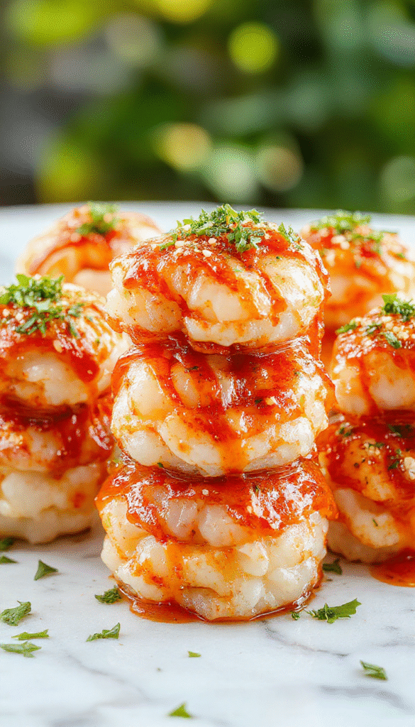 A vibrant plate of spicy shrimp sushi stacks featuring neatly layered rice, succulent orange shrimp coated in spicy sauce, topped with green herbs and sesame seeds, presented on a sleek white dish with a minimalist background highlighting the colorful textures and fresh ingredients.