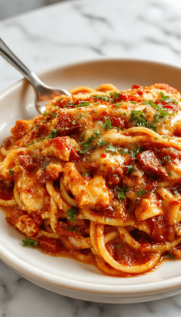 A colorful plate of spicy southern chicken spaghetti casserole topped with melted cheese and garnished with fresh herbs. The dish features tender shredded chicken mixed with al dente spaghetti, vibrant red and green peppers, and a rich, cheesy sauce. The casserole is served on a rustic wooden table with a golden-brown crust, steam rising, and a vibrant, inviting presentation.