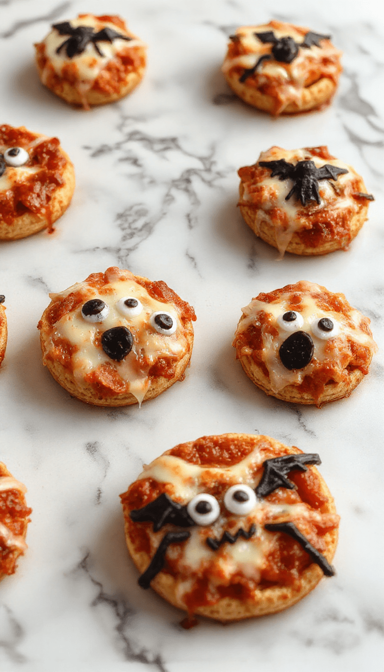 Colorful mini pizzas shaped like spooky faces on a black slate platter, topped with bright orange cheese, black olive eyes, and pepperoni mouths, surrounded by halloween themed decorations and glowing candles