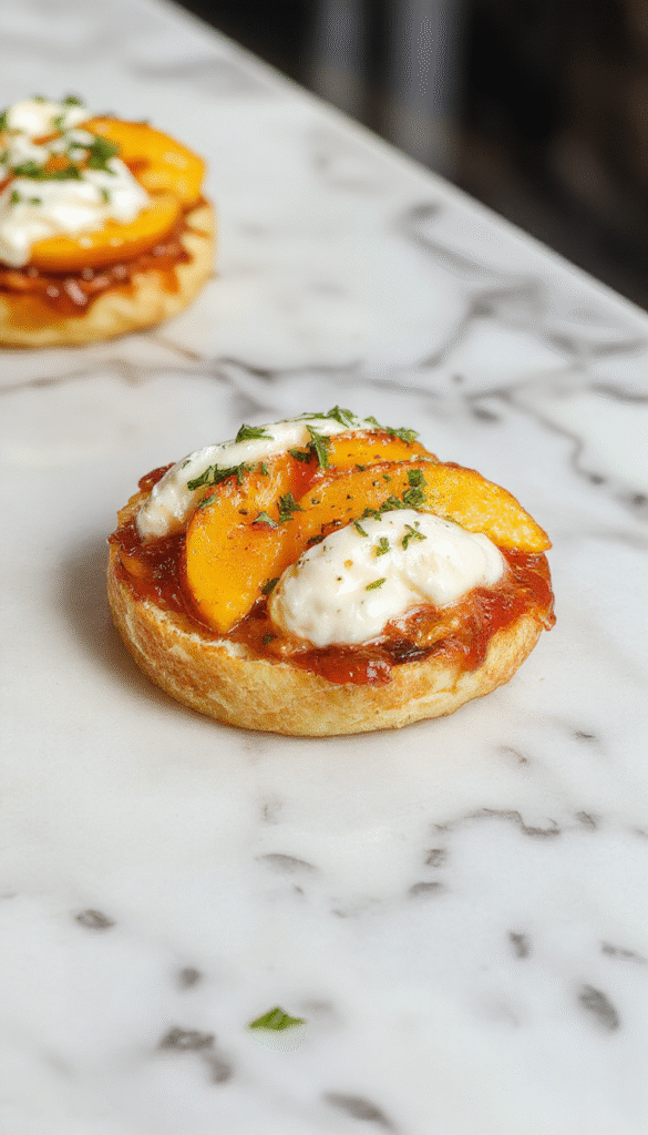 Colorful peach bruschetta arranged on a rustic white plate with dollops of whipped ricotta topping toasted baguette slices, garnished with fresh mint leaves and vibrant peach slices, creating an inviting and fresh summer appetizer.