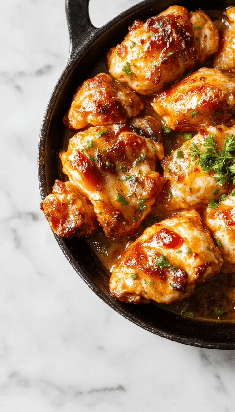 A colorful skillet filled with tender, golden-brown pieces of chicken coated in a rich, creamy butter sauce topped with fresh parsley, served alongside warm crusty bread and vibrant steamed vegetables, all beautifully arranged on a rustic wooden table.