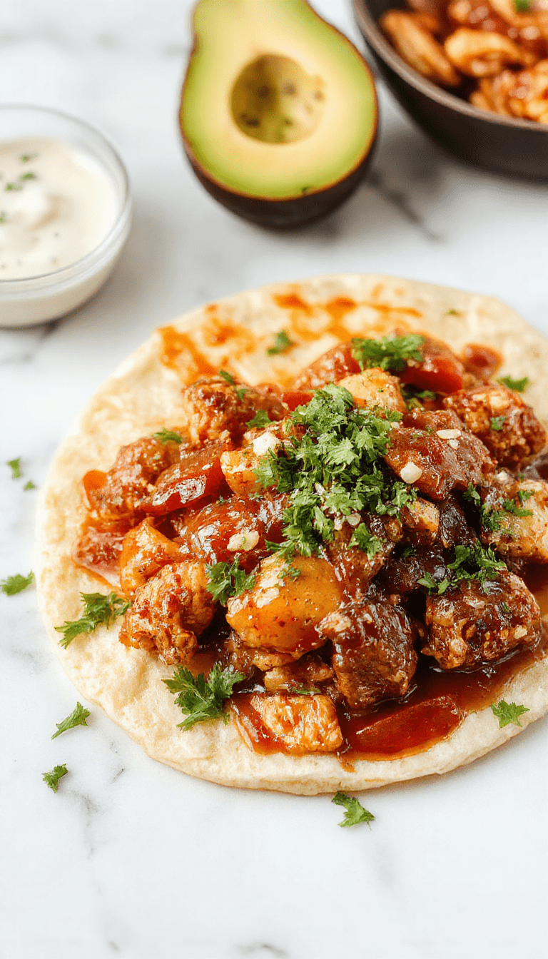 Colorful plated crockpot fajitas featuring tender sliced chicken, vibrant red and green bell peppers, and onions garnished with fresh cilantro and lime wedges, all arranged on a rustic wooden table with tortillas in the background, showcasing a savory, juicy, and appetizing Tex-Mex presentation.